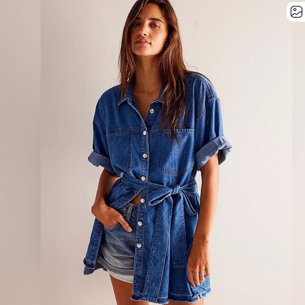 Free People Western Bohemian Oversized Jenny Denim Tunic Top Dress Medium Wash M - Picture 5 of 16